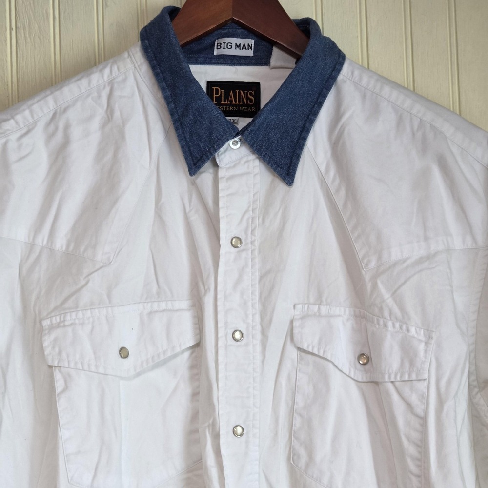 Plains Shirt Mens Big 2X White Denim Collar Short Sleeve Western Snap Casual